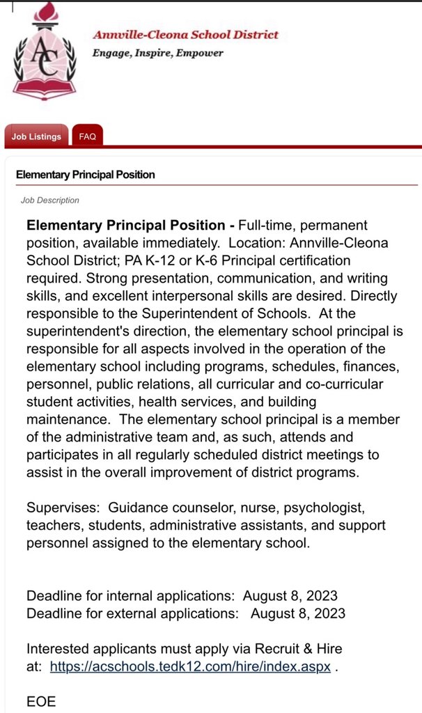ACDutchmenPride's tweet photo. The Annville-Cleona School District is hiring an elementary principal who is excited and passionate about teaching and learning with kids. Apply online at https://t.co/cz8IdmOR2I and become part of the Dutchmen Family. #ACDutchmen https://t.co/TaVZYyLKZr