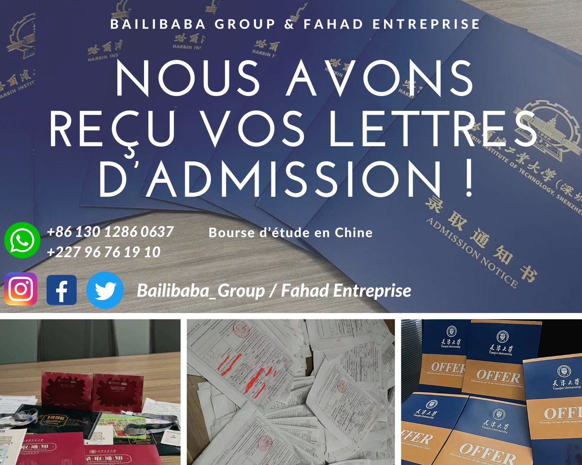 Bailibaba_Group's tweet photo. 🚨‼️Tous ceux qui ont déposé leurs demandes d'admission ont été acceptés par les universités chinoises et nous leurs avons annoncé la nouvelle dans notre groupe 🎉🎊

📲Vous pouvez rejoindre notre groupe Whatsapp pour plus de renseignements   https://t.co/yhYzLgHySh https://t.co/rAO0SoyWy1