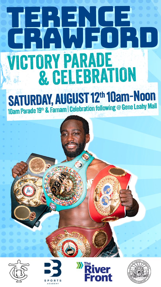 Make a trip to Gene Leahy Mall next Saturday, August 12th, as the city of Omaha celebrates Terence Crawford!

A parade will begin at 10 AM at 19th and Farnam, before concluding at Gene Leahy Mall with a celebration of Crawford's remarkable journey!
#CrawfordVictoryCelebration