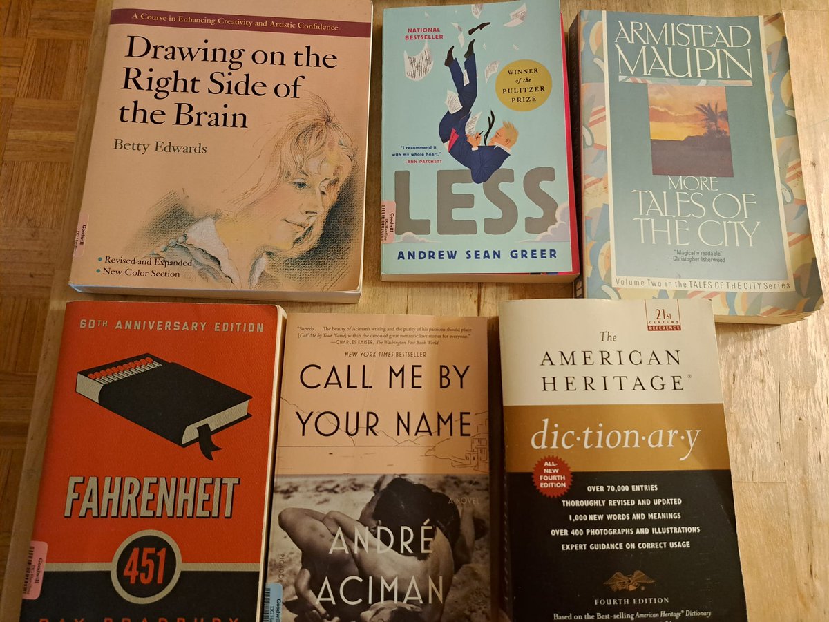I have become very good at finding gay books at thrift stores. Picture: Less; More tales of the City; Call be buy your name. non-gay books: Fahrenheit 451; a dictionary; drawing on the right side of the brain. all for <a href="/LGBTBtP/">LGBT Books to Prisoners</a> . 11 dollars.