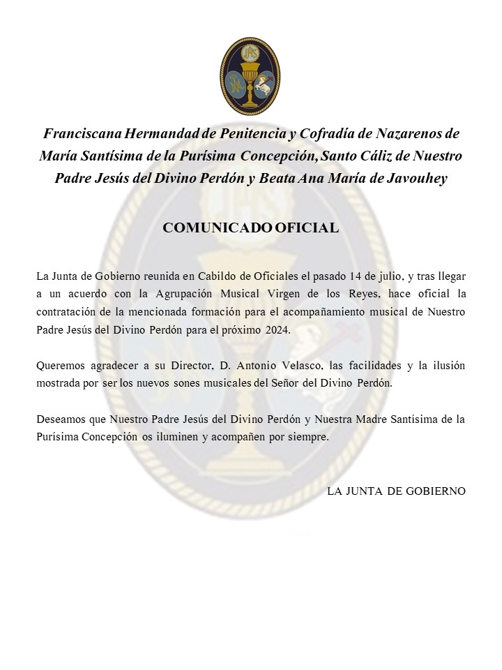 HdaDivinoPerdon's tweet photo. COMUNICADO OFICIAL | Acompañamiento musical de Nuestro Padre Jesús del Divino Perdón. https://t.co/Ws9CXQThGI