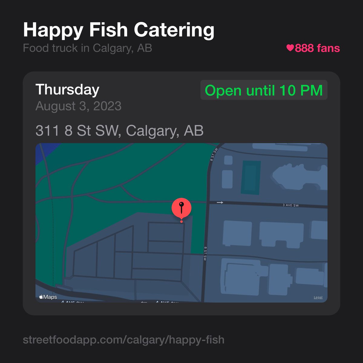 We're open today from 11 AM - 10 PM at 311 8 St SW, Calgary, AB.

streetfoodapp.com/calgary/happy-…