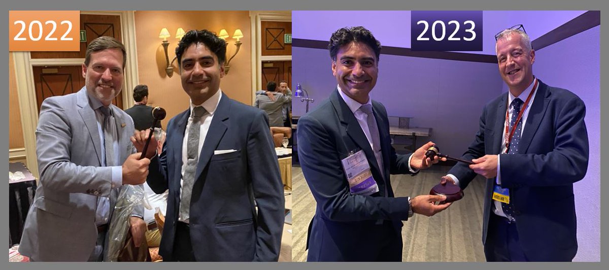 SuhnyAbbara's tweet photo. At #SCCT2022 then @Heart_SCCT President @EricWillMD passed gavel on to incoming President @ghoshhajra at end of BOD meeting, who in turn passed it on to now president Ed Nicol (#GetEdOnTwitter) at #SCCT2023. What a terrific 2-years SCCT has had, and what a great year ahead! https://t.co/s3F03KKKCm