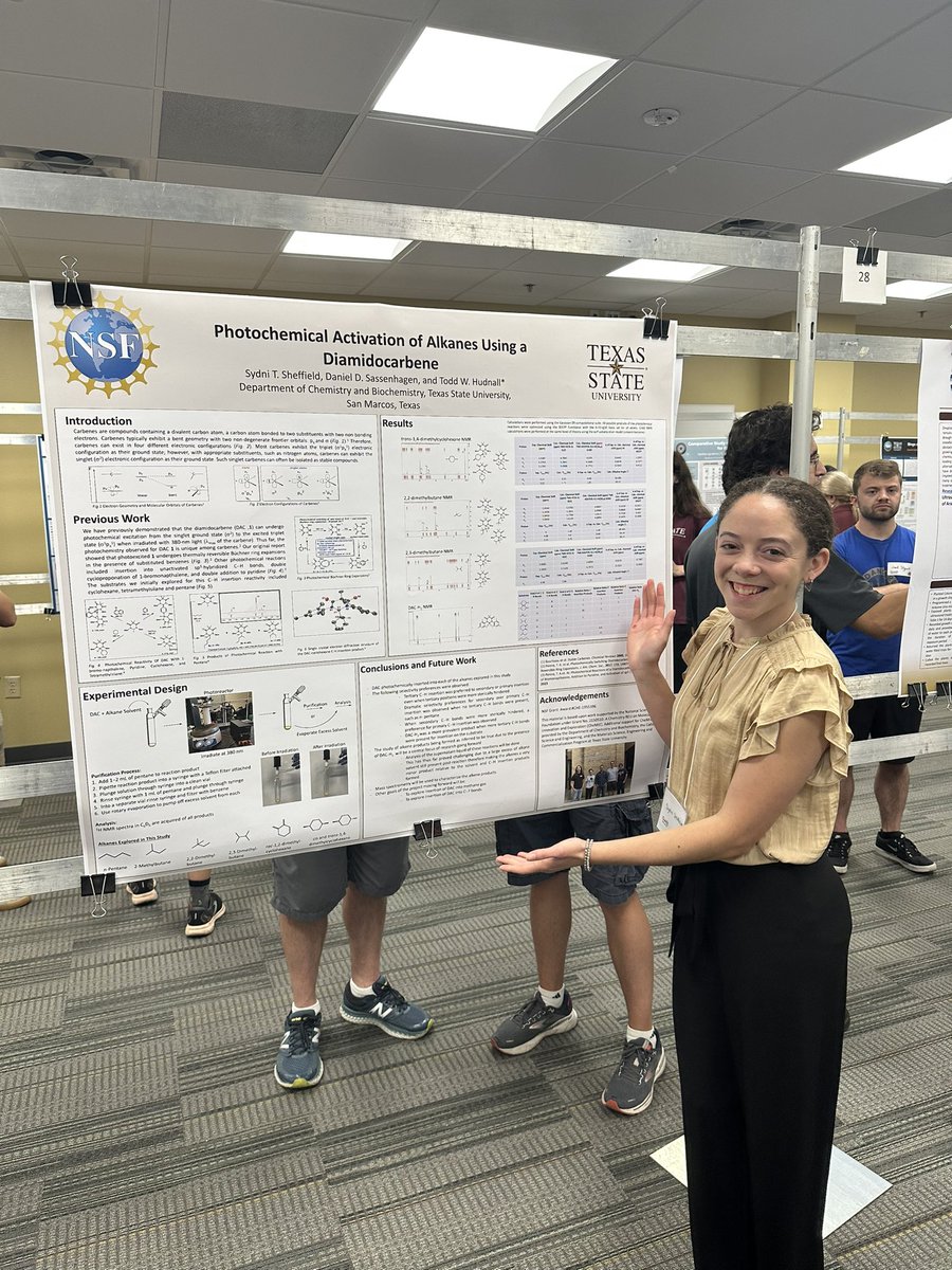 GroupHudnall's tweet photo. Congrats to our REU student Sydni for a fantastic poster presentation of her work investigating the photochemistry of DAC! She has been a great addition to our lab this summer, and we wish her the best of luck in the future 🧪 https://t.co/lWz7MpYyR3