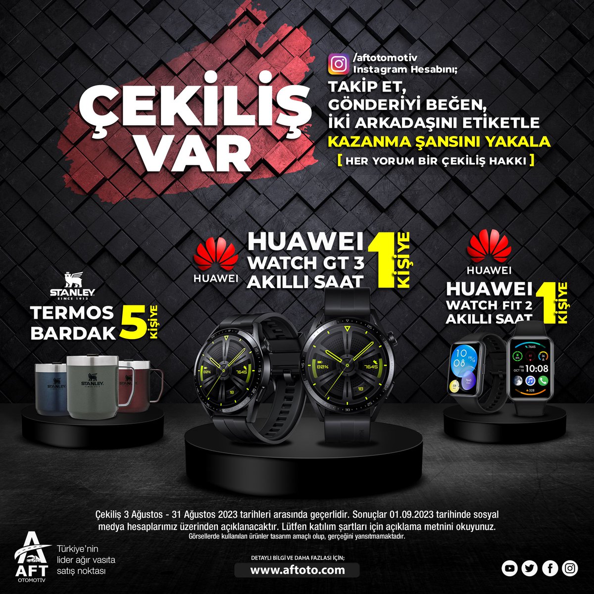 /aftotomotiv Instagram sayfamızda çekiliş var❗ 📣 🍀
🎁1 HUAWEI Watch GT 3 Akıllı Saat
🎁1 HUAWEI Watch Fit 2 Akıllı Saat
🎁5 STANLEY Termos Bardak

Katılım İçin:
✔ <a href="/aftotomotiv/">AFT OTOMOTİV</a> sayfamızı takip edin, bu görseli beğenin ve 2 arkadaşınızı etiketleyin, kazanma şansını yakalayın.