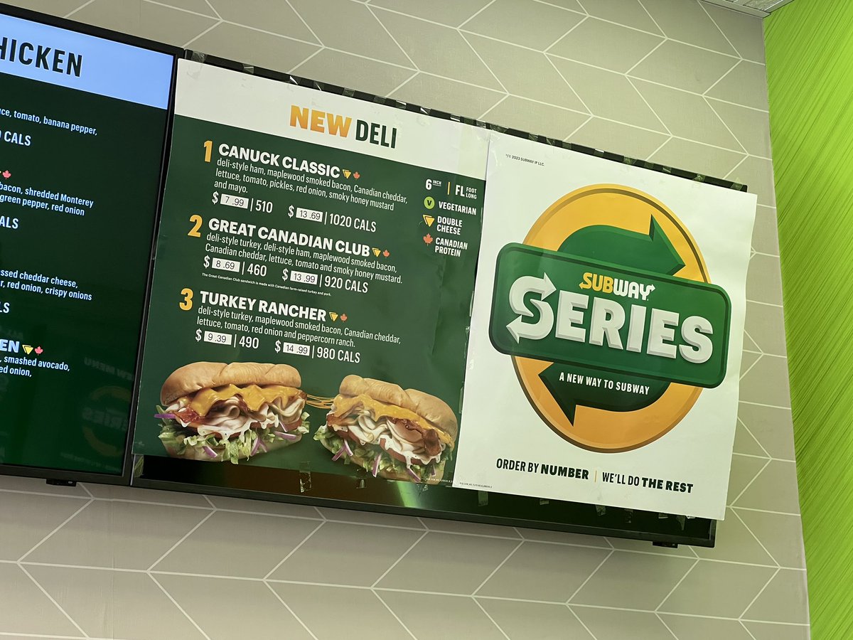 jeffwismer's tweet photo. New digital menu boards at a local Subway seem to have used screens that are only visible with polarized lenses in portrait mode. Bonus points for the taped on printed poster on the last screen. 😎 https://t.co/euZXlap9J3