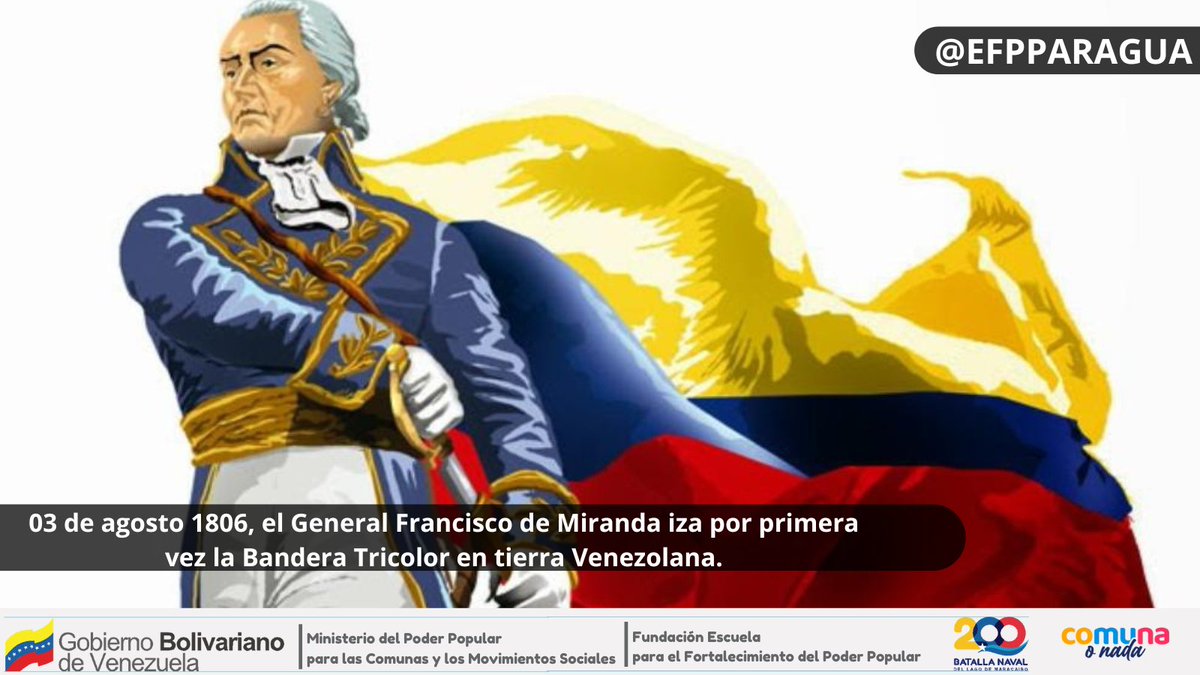 EFPP_ARAGUA22's tweet photo. 03 de agosto 1806🇻🇪
El General Francisco de Miranda, en compañía de la expedición libertadora llega a La Vela de Coro, estado Falcón, donde iza por primera vez la Bandera Tricolor en tierra Venezolana, anteriormente ondeo en Haiti, el 12 de marzo de 1806.
#PoderPopularEnFormacion https://t.co/uBZK1gNi4L