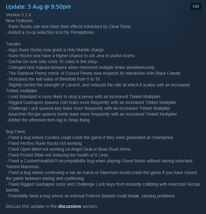 RetributionDev's tweet image. Retribution has been updated to Version 3.2.4

Alongside this update were are pleased to announce that Retribution finally has an official Wiki!
Come and find us at: tboiretribution.wiki.gg