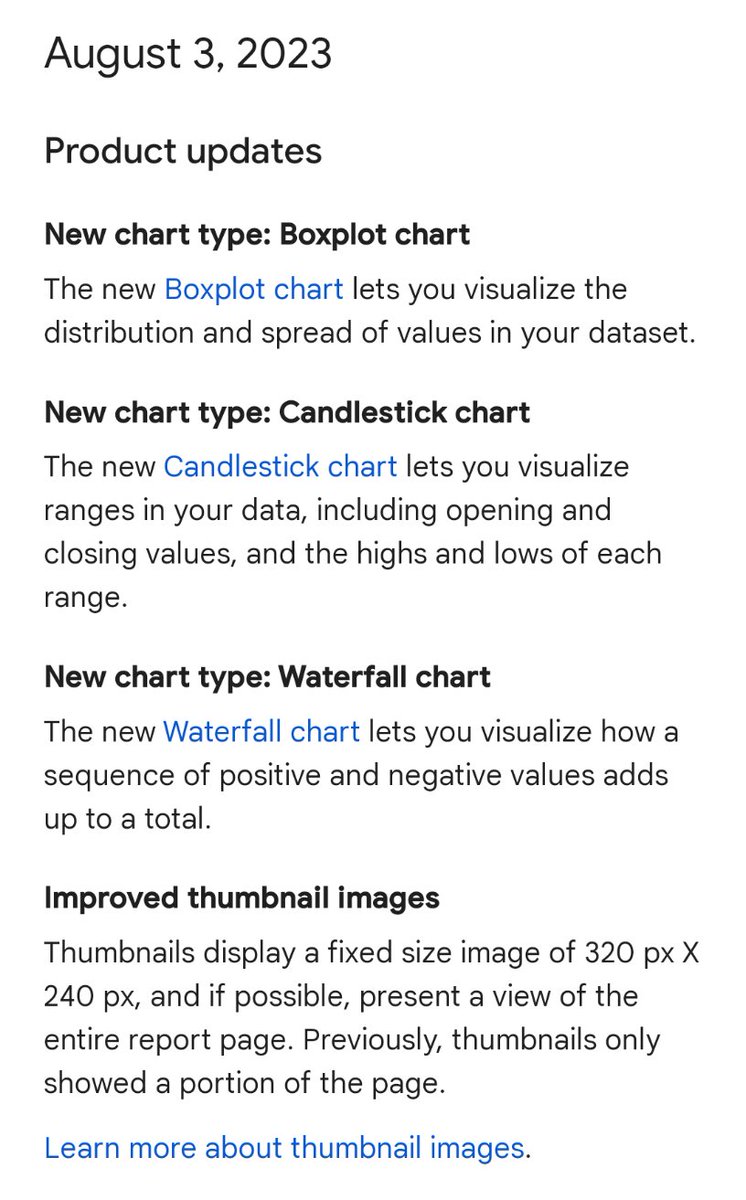 #LookerStudio product updates, Aug 3, 2023

✔️New chart type: Boxplot chart
✔️New chart type: Candlestick chart
✔️New chart type: Waterfall chart
✔️Improved thumbnail images

support.google.com/looker-studio/…
