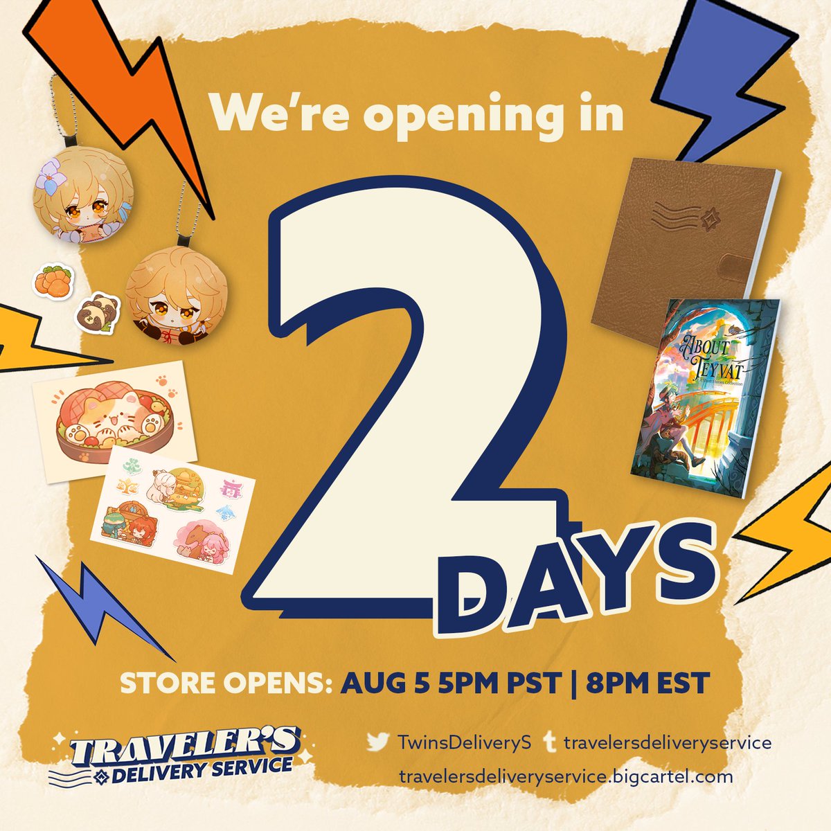 TwinsDeliveryS's tweet photo. 💌 2 DAYS TIL WE REOPEN!

Traveler's Delivery Service is having it's last store opening~ Don't miss this chance to grab both our books, manjuus, stickers and more!

August 5 at 5:00pm PST | 8:00PM EST 🗓️! https://t.co/kKG3uIyCqV