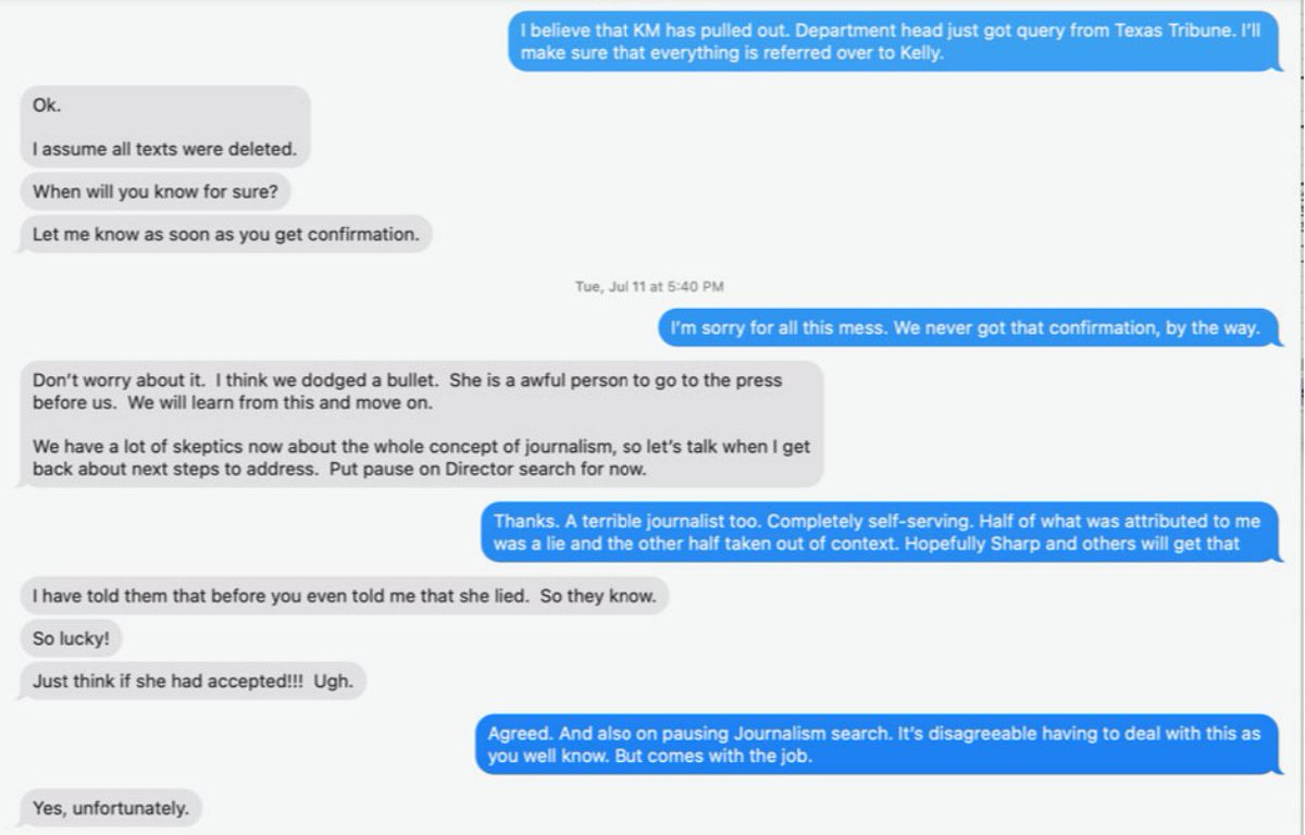 bradystonex's tweet photo. Then-President Kathy Banks* traded bitter texts with Then-Interim Dean Jose Luis Bermudez** on July 11 about Kathleen McElroy after she backed out of the @TAMU Jour. director job.

*Banks resigned 10 days later
**Bermudez resigned 6 days later

More: https://t.co/ZpeYYLWIyI https://t.co/M6ZeyZeZHE