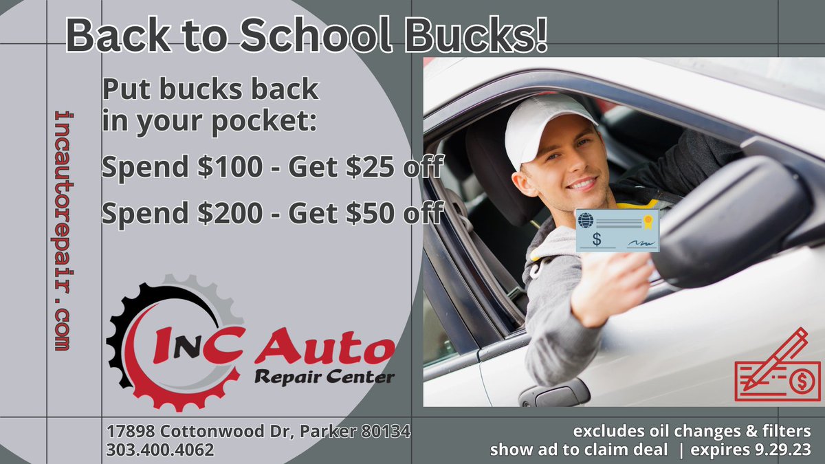 InCAutoRepair's tweet image. Ready to put some bucks back in your pocket? We thought so. And the best part? You decide how much you want back!  Just show us the ad and claim the deal!
.
.
.
#studentdeal #backtoschoolbucks #claimthedeal #studentdriver #parkermechanic #parkerautoshop