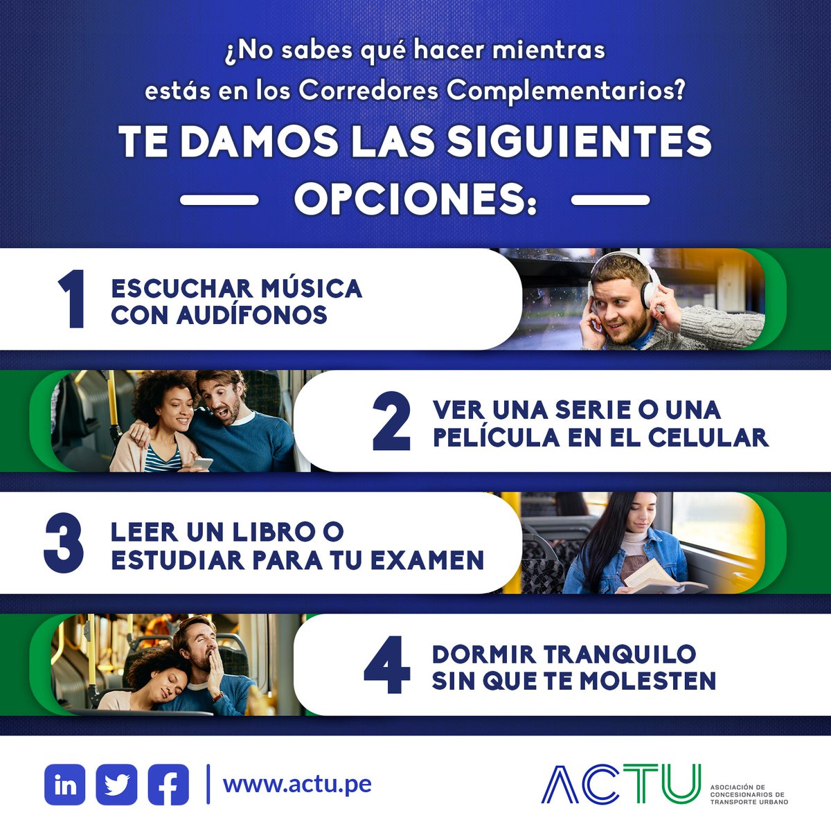 ActuPeru's tweet photo. Desde la ACTU, te traemos algunas opciones que te servirán si estás viajando en los Corredores. https://t.co/CVGkOpScRn