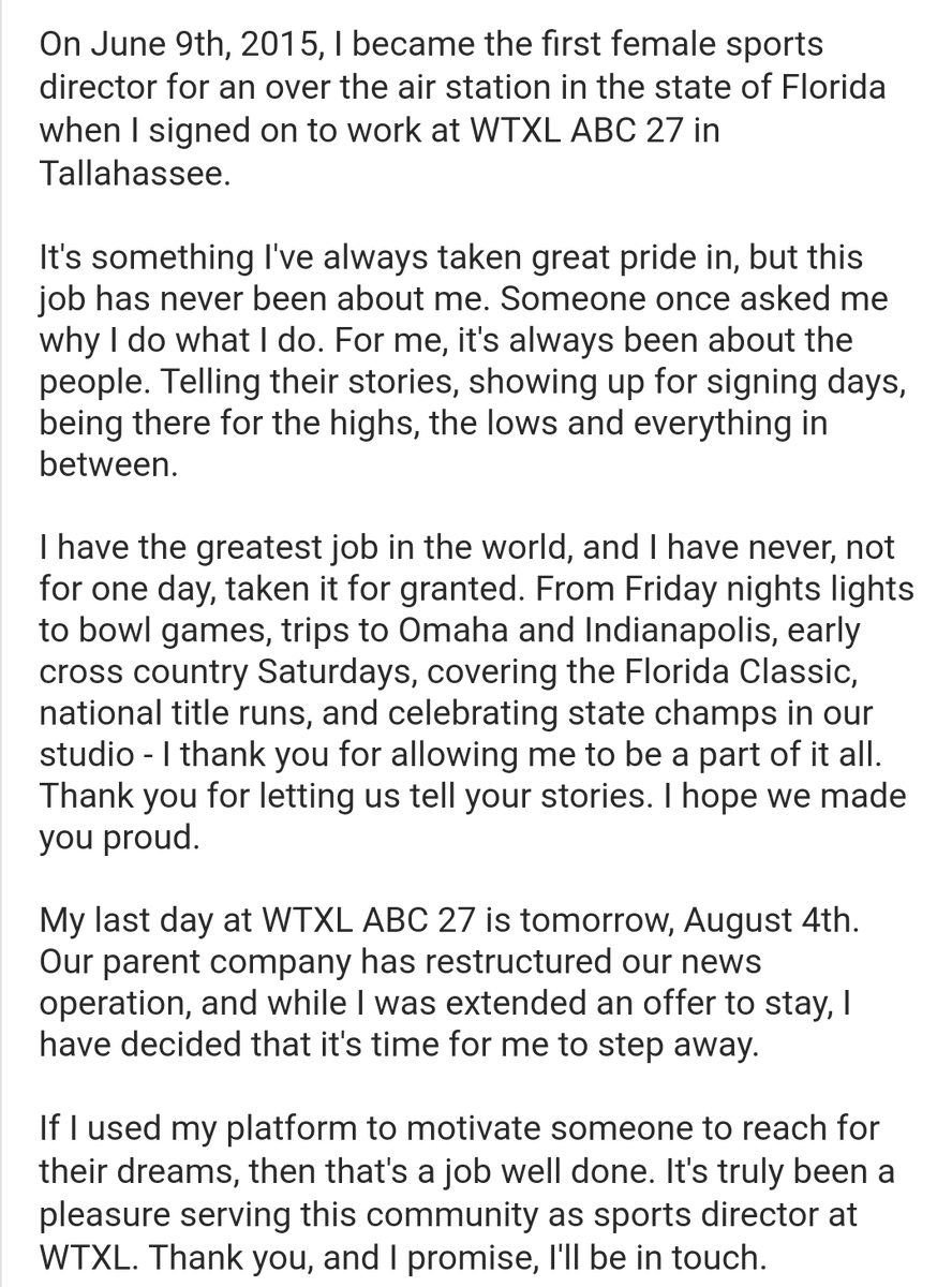 AlisonPosey14's tweet photo. Big Bend and South Georgia, there's so much to say, but most importantly, it's truly been a pleasure serving the community as your sports director.  

Thank you. 🙏 https://t.co/soUGW1VoBg