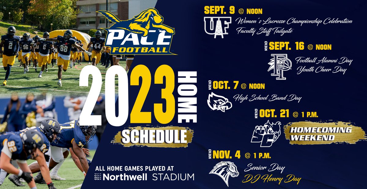 PaceUAthletics's tweet photo. The first official game at Northwell Stadium is @PaceUFootball1 vs. Findlay on 9/9. Game time is set for Noon - opening the 2️⃣3️⃣ home🏈schedule. 

Fun slate of games set for Northwell Stadium. Check ⬇
🎟  https://t.co/WwtlRwevV8
📅 https://t.co/C5JWFyUu4y
 
#FAW2GID https://t.co/D9OwKNJVLg
