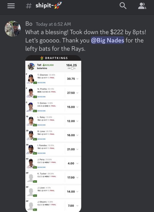 ShipItNation's tweet photo. 🚨GIVEAWAY🚨

To celebrate the huge MLB week for our members and our guy @Hoop2410 last night, we’re giving away two $222.22 tickets for the DraftKings Single Entry Leaderboard Special! 🎟️🎟️

To enter ⤵️

1) Follow us ✅
2) Repost this 🔄

We’ll pick winners tomorrow!

#SHIPIT 🚀 https://t.co/KiHZwG0iRl