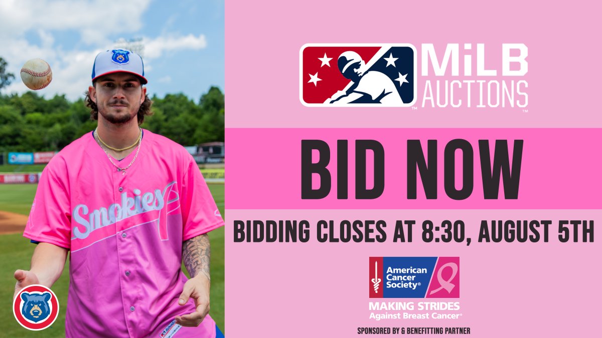 smokiesbaseball's tweet photo. Our Paint the Park Pink jersey auction is NOW OPEN for bidding! All proceeds benefit Making Strides Against Breast Cancer. Auction ends Saturday, August 5th at 8:30pm. Bid now: https://t.co/7K0DzlCaOy https://t.co/QXLOvx7GvD