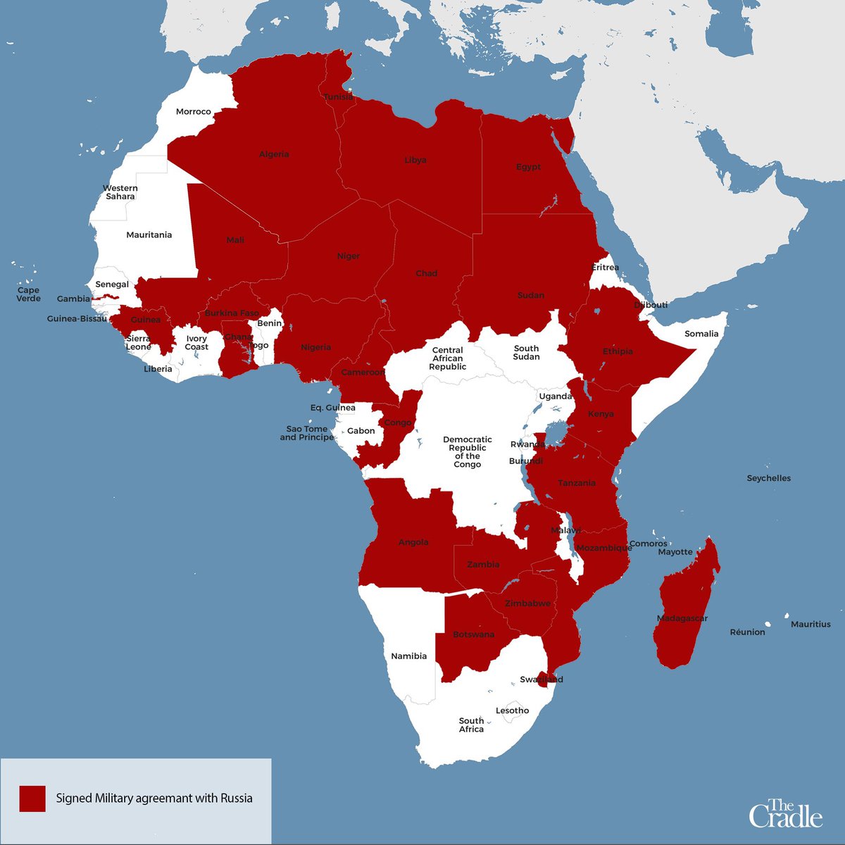 Map of African countries that have signed military agreements with Russia