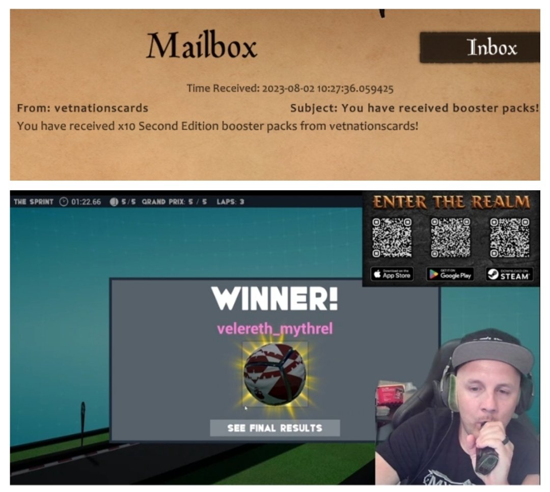 Velereth's tweet photo. You never know what fun things can happen in a #MythrelTCG stream by @Veteranxgaming1  I won 10 packs of 2nd Edition by playing marbles! @mythreltcg make sure you follow Mythrel social media accounts and Discord to keep up on streams. There are 2 livestreams on Whatnot for today. https://t.co/gwY5fh25Lx
