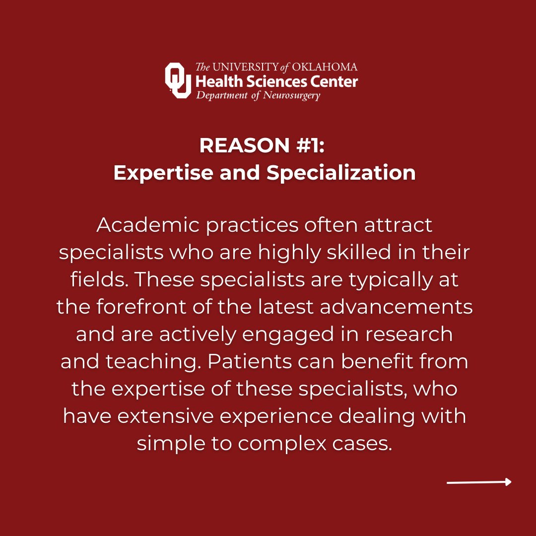 Patients often ask about the benefits of choosing an academic practice, like #OUNS, so we put together this list.

Would you add anything else? More in the thread! 

#OUNS #neurosurgeon #neurosurgery #neurosurgeryawarenessmonth #neurosurgeryawareness