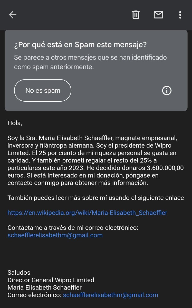ggleunam's tweet photo. De los creadores de un "Príncipe Nigeriano te necesita para poner a salvo su dinero", llega la "Filántropa Alemana que quiere compartir contigo su fortuna".... solo en la mejores bandejas de Spam 👇 https://t.co/WVx4r2y5am