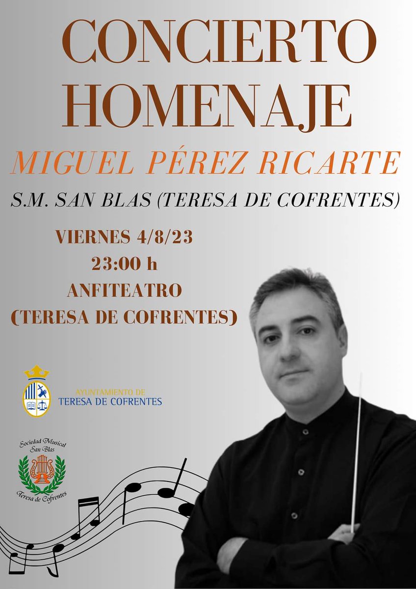 CimYatova's tweet photo. Os recordamos que el próximo viernes 4 de agosto celebraremos un concierto homenaje a nuestro director Miguel Pérez Ricarte.
Os esperamos a tod@s en el anfiteatro de teresa de cofrentes a las 23.00 h
Un concierto espectacular, preparado con mucho cariño. https://t.co/k8qoer9XYz