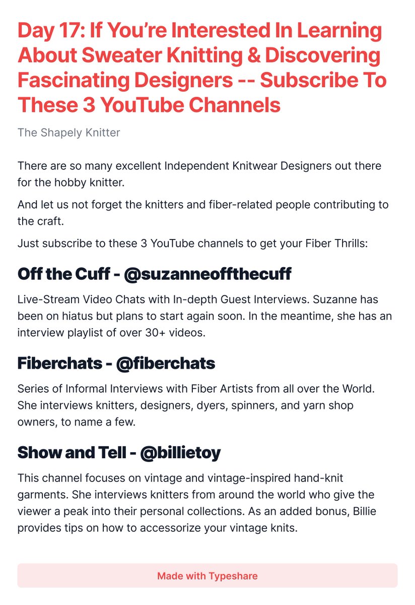 shapelyknitter's tweet image. #ship30for30

Day 17: If You’re Interested In Learning  About Sweater Knitting &amp;amp; Discovering Fascinating Designers -- Subscribe To These 3 YouTube Channels