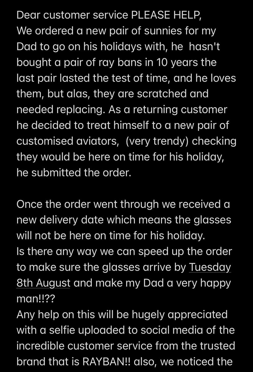 cmjfry's tweet photo. @ray_ban can we make my Dad a very happy man-- please help! Delivery date changed after purchasing 😥 https://t.co/o38EiMmA7C