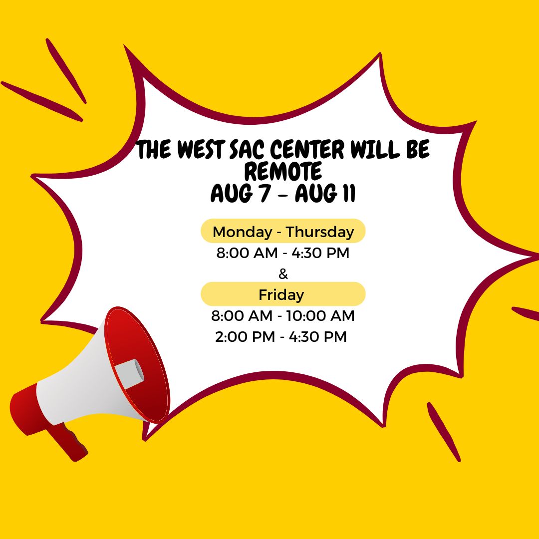 WestSacCenter's tweet photo. The SCC West Sac Center will be operating remotely Aug. 7 - Aug. 11 for Summer Recess. During this time, we will be available by phone and email.  We will re-open in-person for the start of the Fall semester on Monday, August 14, 2023 https://t.co/UibzvtGLdi