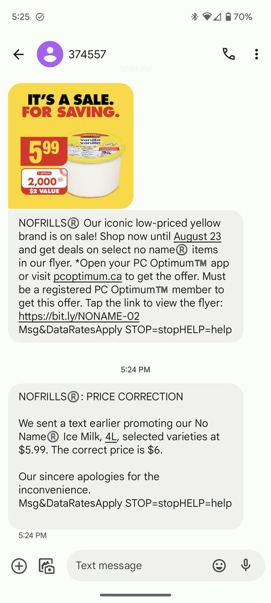 nhisayshello's tweet photo. @nofrillsCA It's shit like this that will make people hate you. You're sending out a price correction for 1 cent?!  What is the cost to your brand value just to eat the difference and honour the price? https://t.co/kFy0jJMNPA