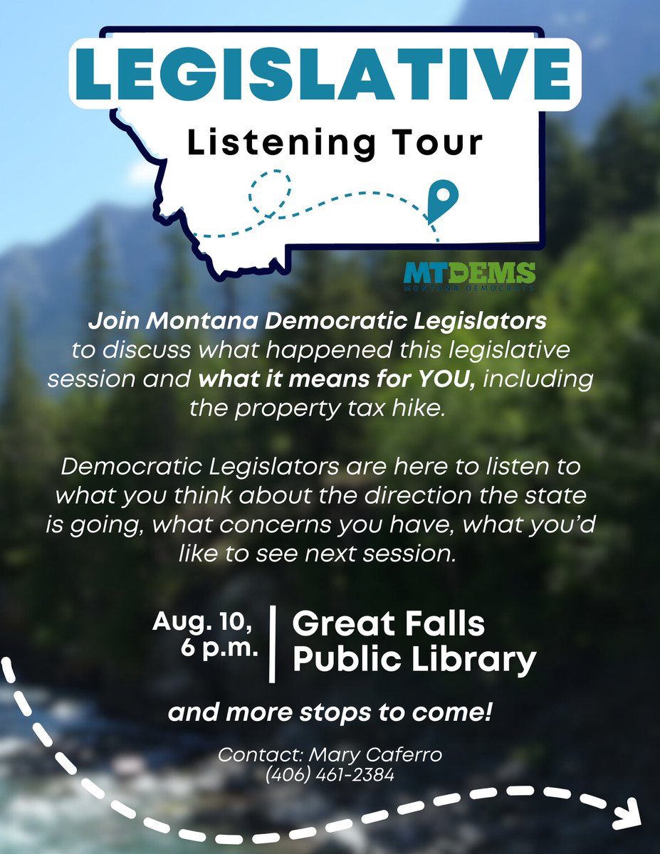 GREAT FALLS! We’re kicking off the Legislative Listening Tour in the Electric City!

Democratic Legislators are here to listen to what you think about the direction Montana is going and answer questions about what happened this legislative session. #mtpol
montanademocrats.org/events/legisla…