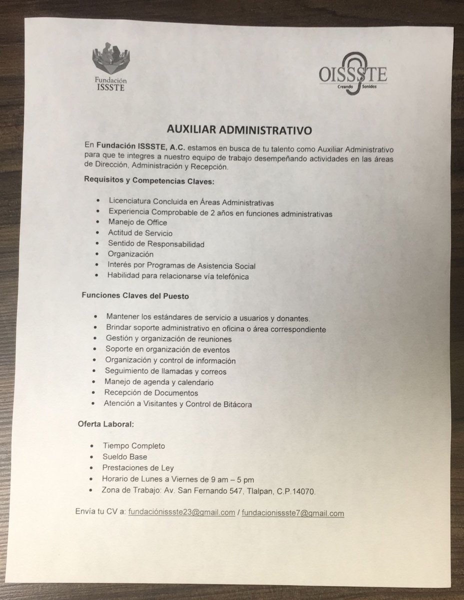 FundacionIssste's tweet photo. Buen día a todos.

En Fundación ISSSTE, A.C. estamos buscando tu talento, contáctanos si cumples con los requisitos para estas vacantes.

- Auxiliar Administrativo
- Audioprotesista

Te estamos esperando. https://t.co/XMU8rKhhC6