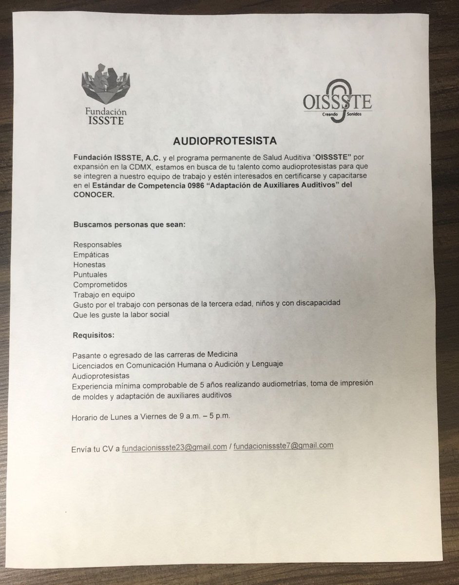 Buen día a todos.

En Fundación ISSSTE, A.C. estamos buscando tu talento, contáctanos si cumples con los requisitos para estas vacantes.

- Auxiliar Administrativo
- Audioprotesista

Te estamos esperando.