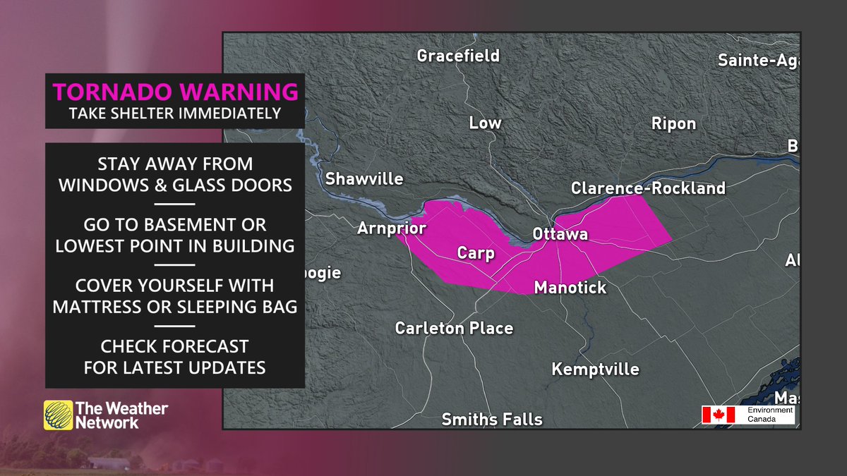 A TORNADO WARNING has been issued in Ontario for:

- Ottawa North - Kanata - Orléans

This is a dangerous and potentially life-threatening situation.  Take cover immediately.

#ONStorm #ONwx