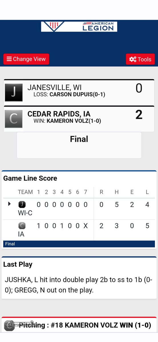 SwisherLegion's tweet image. Holy smokes! @Kam_Volz with complete game shutout!  80 pitches including 3 pitch inning in 7th! What great defense by everyone! Winners bracket final tomorrow at 7pm EST @DugoutSportsF @kjpilcher @CRGazetteSports