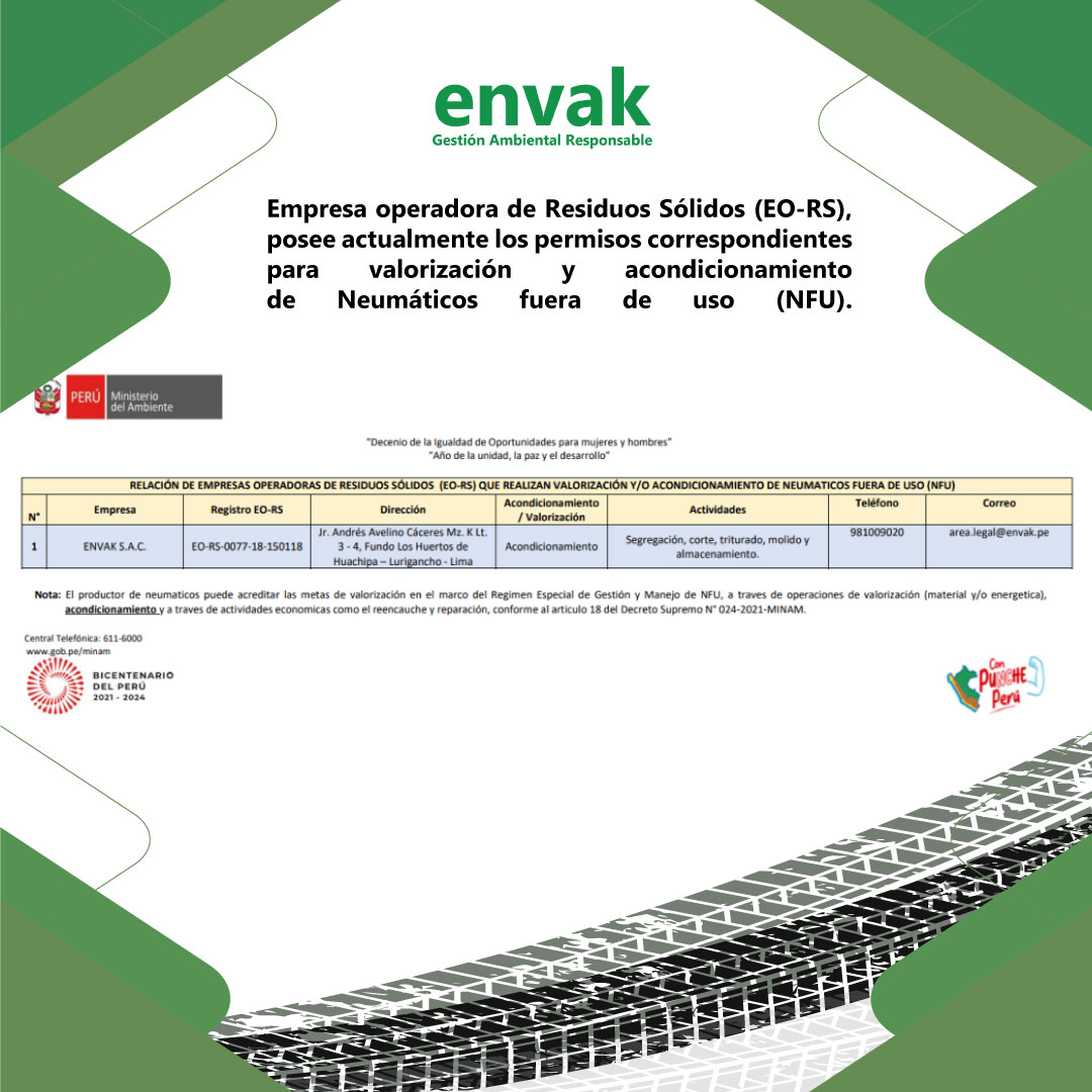 ♻️ #ENVAK empresa operadora de Residuos sólidos (EO-RS), posee actualmente los permisos correspondientes para valorización y acondicionamiento de neumáticos fuera de uso (NFU).
Para mayor información, no duden en contactarnos.
✉️ comercial@envak.pe
📞 988 607 100
#infracciones