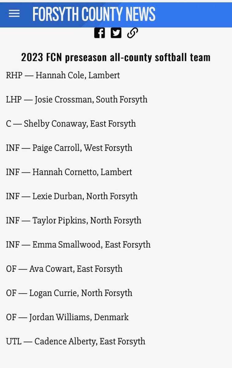 Logan Currie (@logancurrie16) on Twitter photo I am honored to be selected for the Preseason All-County Team!! Congrats to my teammates <a href="/DurbsLexie/">Lexie Durban 2024</a> and <a href="/TaylorPipkins22/">Taylor Pipkins</a> for being selected as well! <a href="/NoFoSoftball/">N. Forsyth Softball</a> <a href="/NFHSBaseball/">Coach Cahill</a> <a href="/fury_07/">Fury Premier 18U Moyer/Perry</a> <a href="/CoachMoyer/">Patrick Moyer</a> <a href="/CoachPerry2025/">Keith Perry</a> <a href="/hittingcoachJ/">Jimmy Mullis</a> I am honored to be selected for the Preseason All-County Team!! Congrats to my teammates <a href="/DurbsLexie/">Lexie Durban 2024</a> and <a href="/TaylorPipkins22/">Taylor Pipkins</a> for being selected as well! <a href="/NoFoSoftball/">N. Forsyth Softball</a> <a href="/NFHSBaseball/">Coach Cahill</a> <a href="/fury_07/">Fury Premier 18U Moyer/Perry</a> <a href="/CoachMoyer/">Patrick Moyer</a> <a href="/CoachPerry2025/">Keith Perry</a> <a href="/hittingcoachJ/">Jimmy Mullis</a>