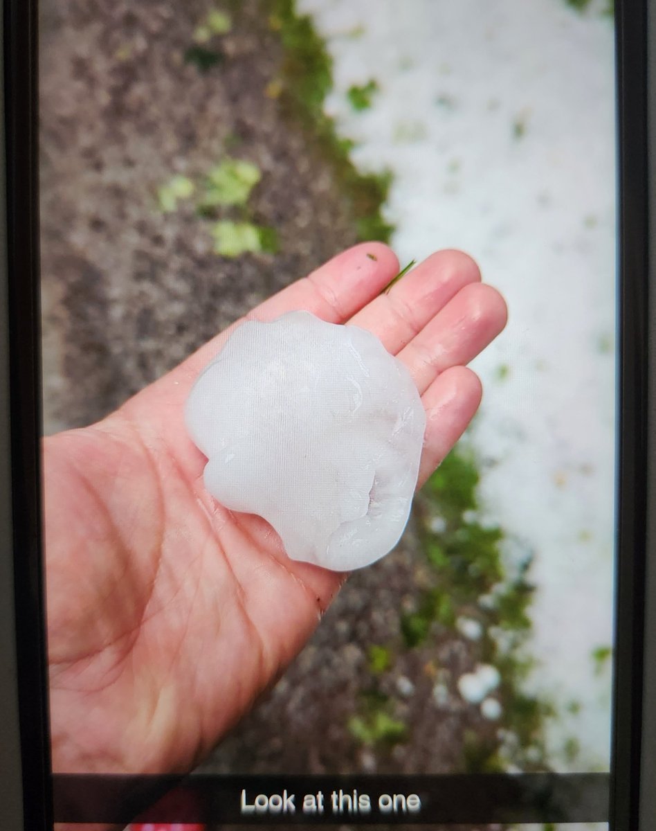 Not my photo (photo of a photo sent to a coworker), but a large hail stone in Lindsay #ONStorm