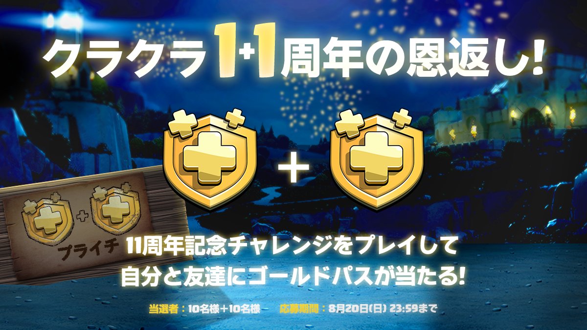 ClashofClansJP's tweet photo. ˗ˏˋ まだ終わってなかった！ˎˊ˗
#クラクラ11周年 恩返しキャンペーン第2段！
ゴールドパスが合計20名様に当たる🫢✨

ゲーム内「11周年記念チャレンジ」をプレイしたことがわかるスクショを、このツイートに載せて返信！
当選したらお好きな方を1人選んで、その方���もプレゼントできる1+1プライチイベント🤝

📃キャンペーンの詳細はこちら！
https://t.co/uFT4U1u2wu…
#クラクラ #クラッシュオブクラン
