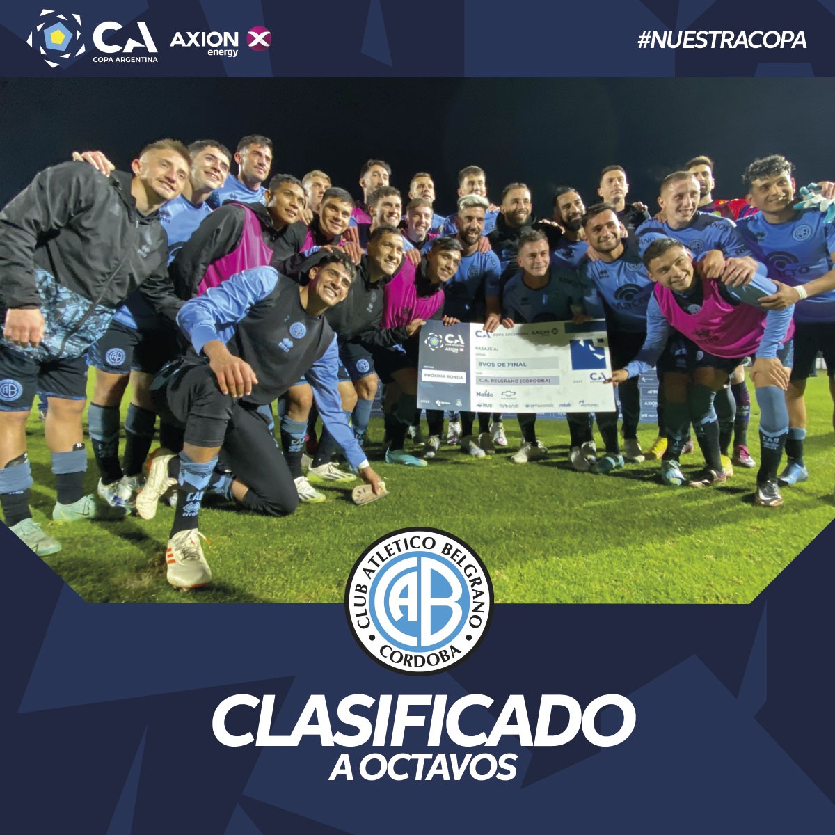 ¡El cheque se va para Córdoba! ✅

<a href="/Belgrano/">Belgrano</a> se clasificó a los Octavos de Final 💪

#CopaArgentinaAXIONenergy 🏆🇦🇷

#NuestraCopa 🙌