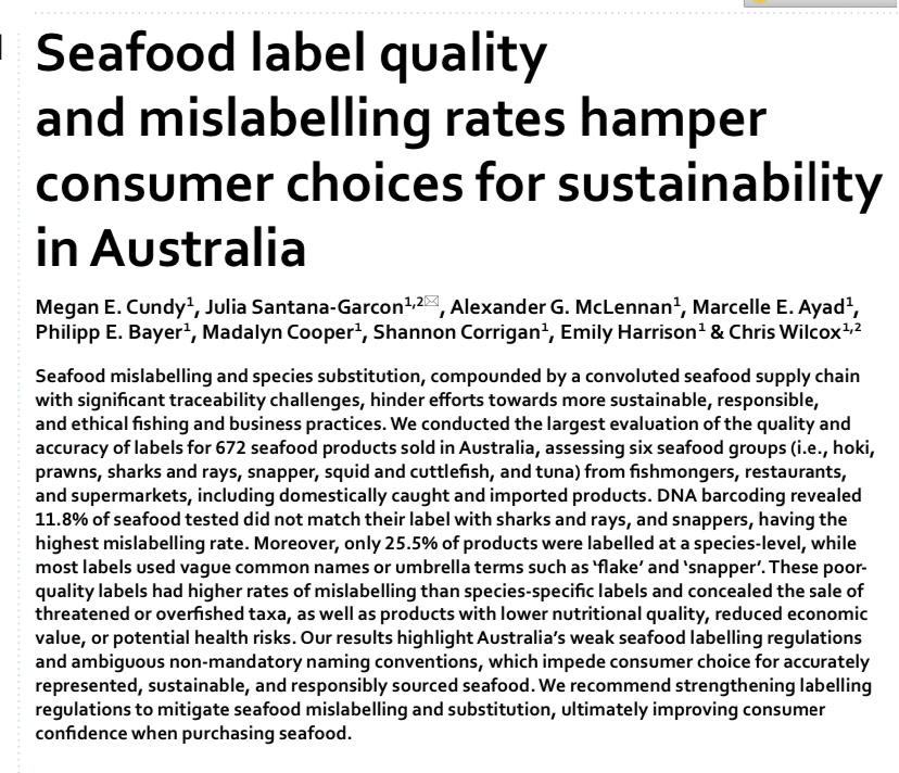 My research on seafood mislabelling in Australia was just published, read the full article here rdcu.be/dirg9