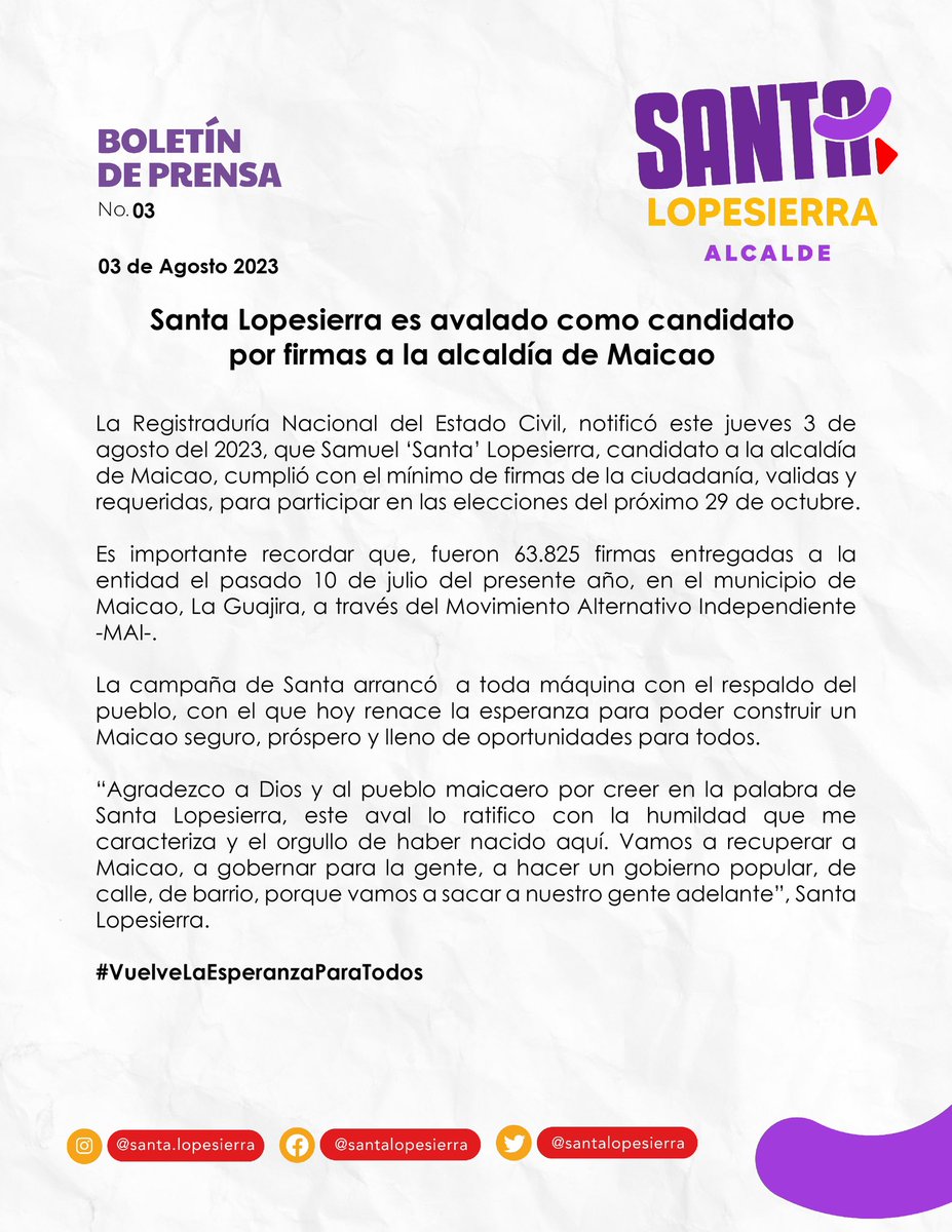 LopesierraSanta's tweet photo. Gracias a Dios y a Maicao, por el respaldo. 🙏

Nuestras firmas fueron avaladas por la Registraduría Nacional del Estado Civil. 

Aquí está su tío Santa, vamos a recuperar a nuestro pueblo que hoy más que nunca nos necesita. 🟣🟡🔴

#VuelveLaEsperanzaParaTodos https://t.co/5PDfJ5Jlj2