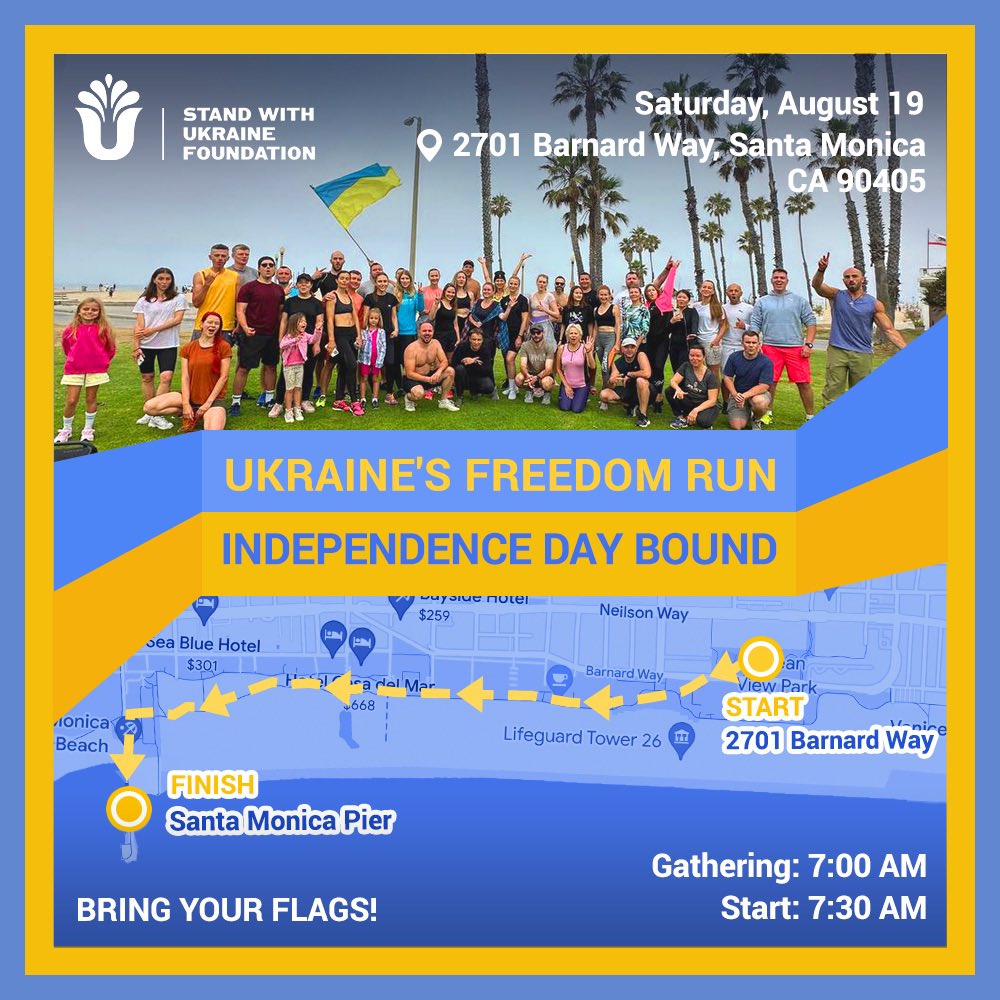 SWUFoundation's tweet photo. “Ukraine's Freedom Run Independence Day Bound Marathon”
When: August 19th at 7 am
Where: 2701 Barnard Way, Santa Monica CA 90405
Parking: Lot 5 South
#SWUF #standwithukraine #SupportUkraine #IndependanceDay #marathon #runforUkraine https://t.co/4fJBMtKeF4