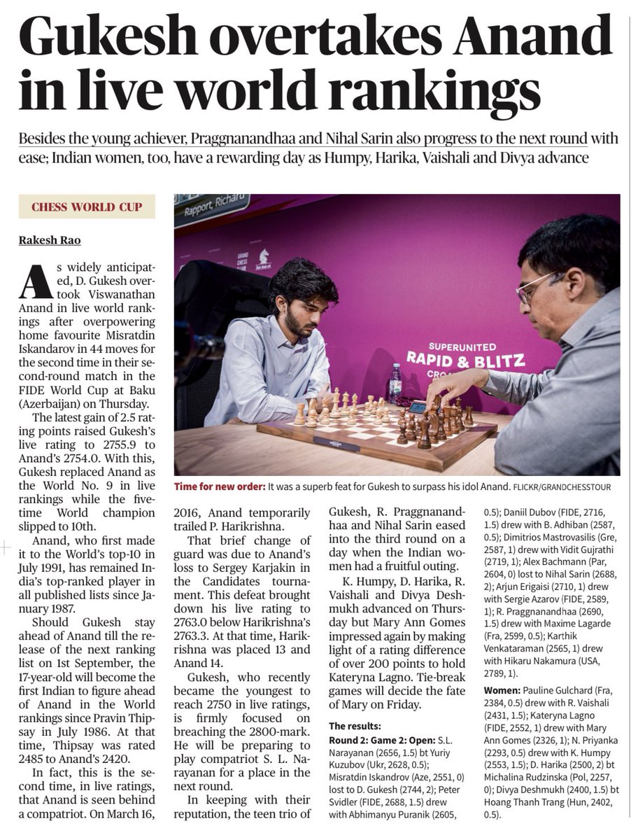 Proud moment for the student and the mentor - @DGukesh and @vishy64theking 

With @rpragchess, @ArjunErigaisi and @NihalSarin chasing Gukesh, Indian chess promises more exciting times
@ianuragthakur @IndiaSports @FIDE_chess @kaypeem @vijaylokapally @ChessbaseIndia @chesscom_in