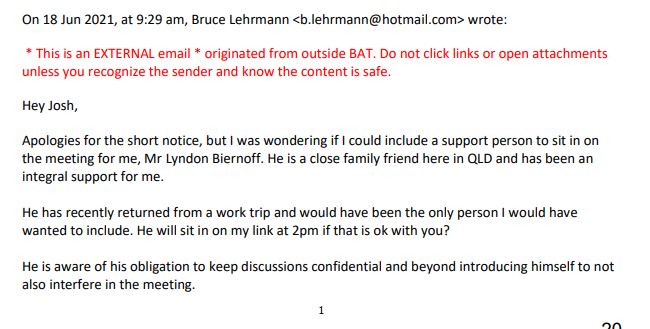 When the truth of serial rapist Bruce Lehrmann's rapist ways came out in the media and was then publicly named by @TrueCrimeWeekly in Feb 2021, it was 'close friend' Lyndon Biernoff who Bruce turned to as a 'support person' when he was about to be fired by BritishAmericanTobacco