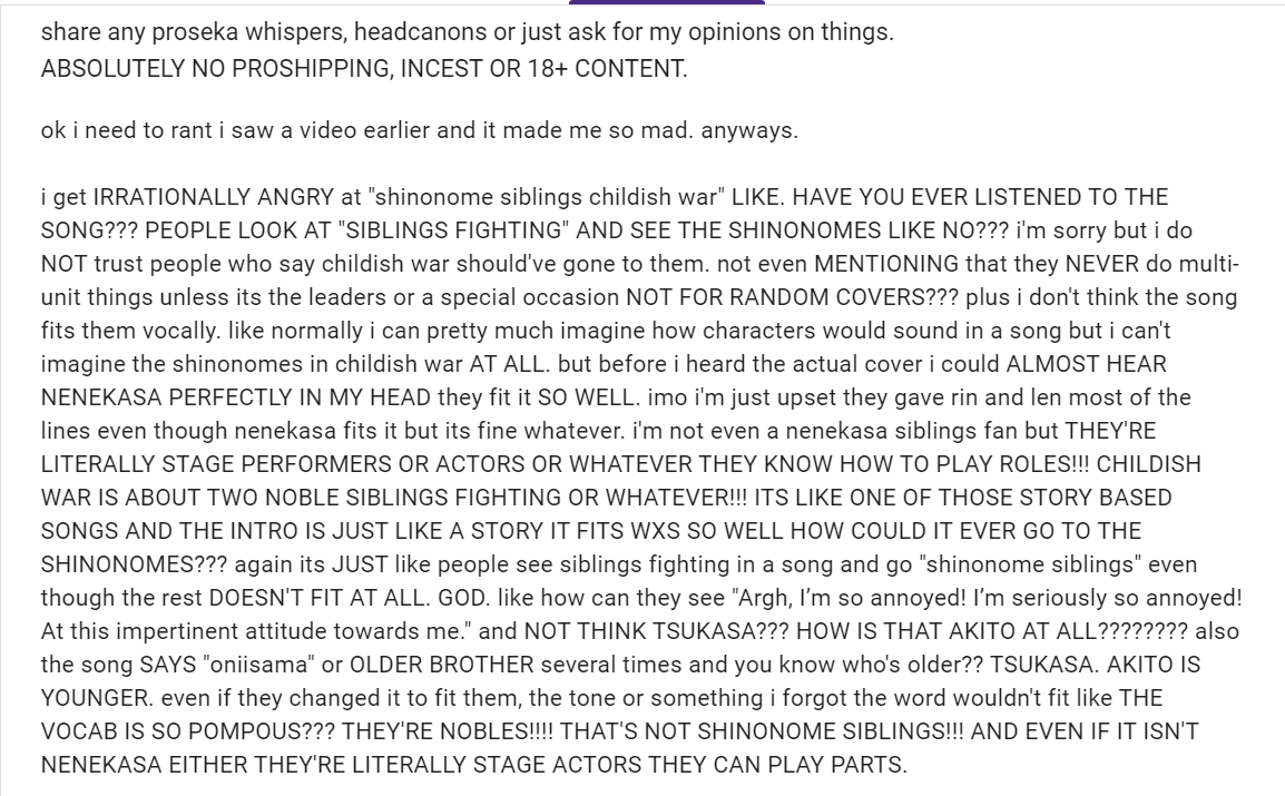 prosekawhisper's tweet photo. honestly i have really listened to childish war so i don't have much to say on this but based on your description i heavily agree with you. people mischaracterize the shinonome's so much that it infuriates me. they're just being siblings, nothing more, nothing less https://t.co/cTQNio0Pi5