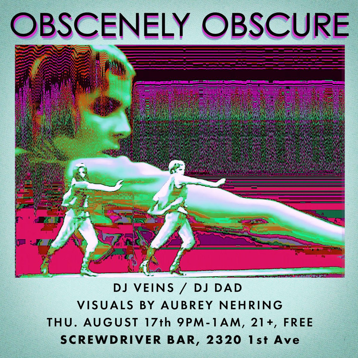 Dave Segal (@editaurus) on Twitter photo Seattle's only DJ night devoted to library music, Obscenely Obscure, happens Aug 17 at Screwdriver Bar. Savvy selections by Veins and <a href="/eliranderson/">Eli Anderson</a> , retina-tickling visuals by <a href="/AubreyNehring1/">Aubrey Nehring</a> . Seattle's only DJ night devoted to library music, Obscenely Obscure, happens Aug 17 at Screwdriver Bar. Savvy selections by Veins and <a href="/eliranderson/">Eli Anderson</a> , retina-tickling visuals by <a href="/AubreyNehring1/">Aubrey Nehring</a> .