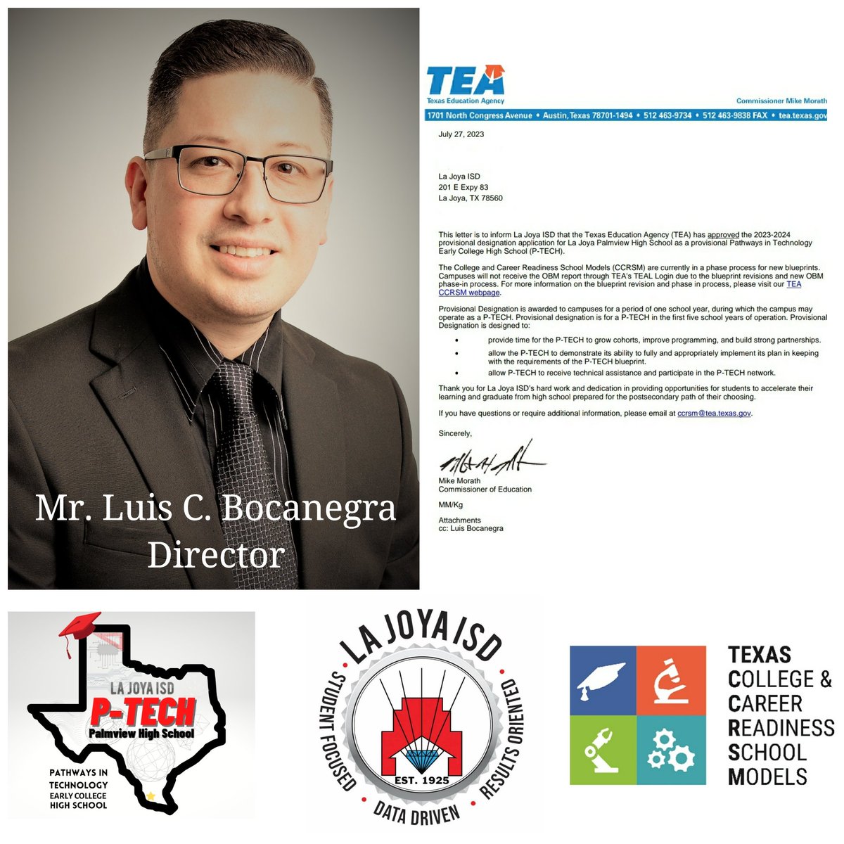 LuisCBocanegra1's tweet photo. I proudly announce that Palmview High School has been approved by the Texas Education Agency as a Pathways in Technology Early College High School for a second consecutive year‼️
@academiesofphs @lobo_pride
@lajoyaisd @EducateTexas @teainfo 
#PERSIST #ACHIEVE #SUCCEED https://t.co/ZS4ivI0pZH