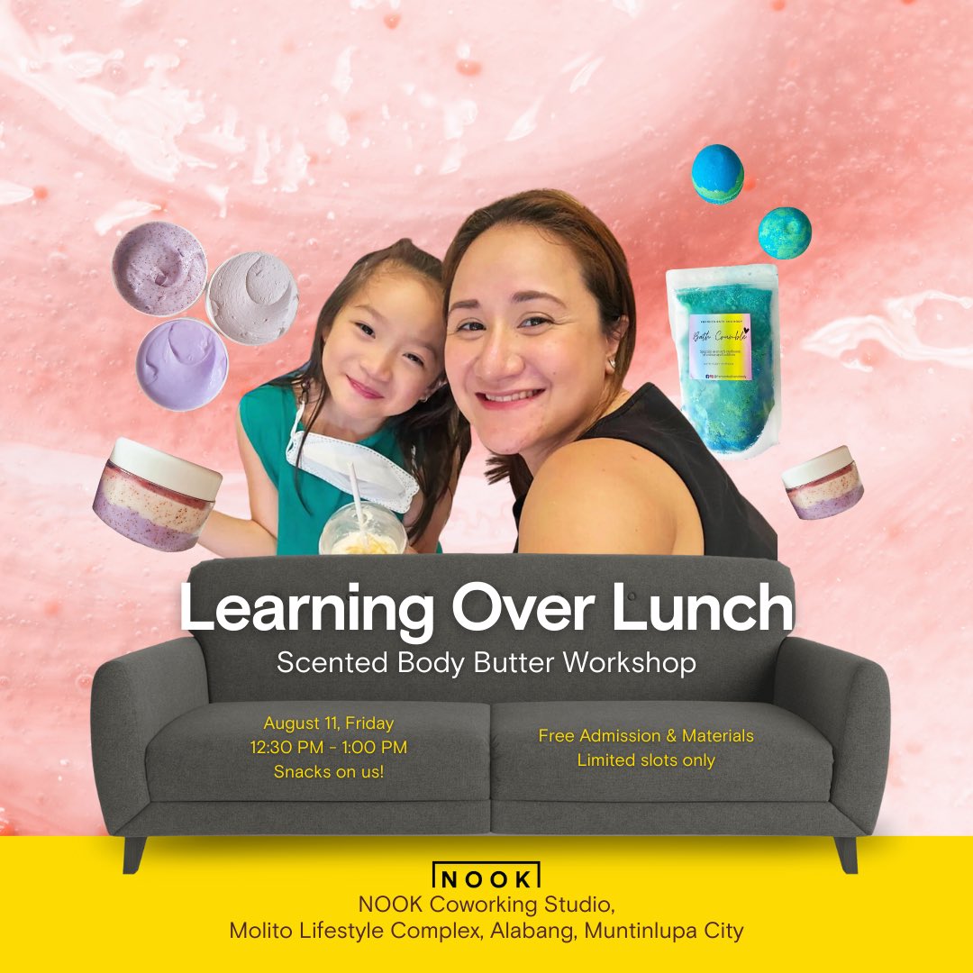 nookph_'s tweet photo. We prioritize self-care here! ✨ Join us with our first Learning Over Lunch (LOL) of the month entitled “𝙎𝙘𝙚𝙣𝙩𝙚𝙙 𝘽𝙤𝙙𝙮 𝘽𝙪𝙩𝙩𝙚𝙧 𝙒𝙤𝙧𝙠𝙨𝙝𝙤𝙥” where we’ll create own Body Butter for FREE to be facilitated by our guest speaker — 

(1/2) https://t.co/oJkQDsCUuS