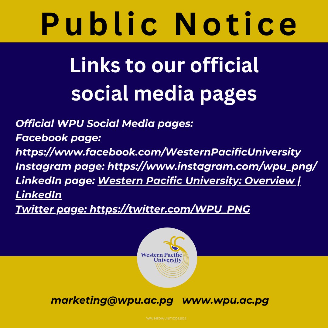 WPU_PNG's tweet photo. Please share the links to our official social media pages so the general public gets the right information from the right source.
#officialwpuplatforms #ourhistory23 #studyatwpu https://t.co/d3WTmAKFkM